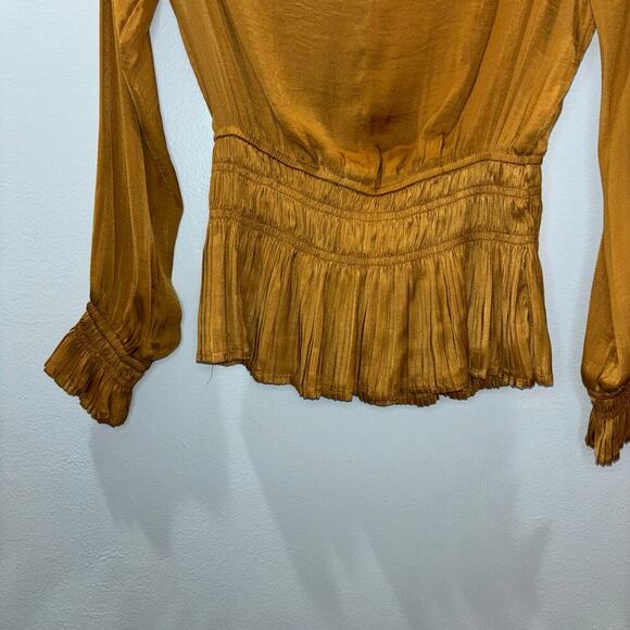 Philosophy Gold Puff Sleeve Smocked Waist Pleated Blouse Size XS NWT - Picture 7 of 14